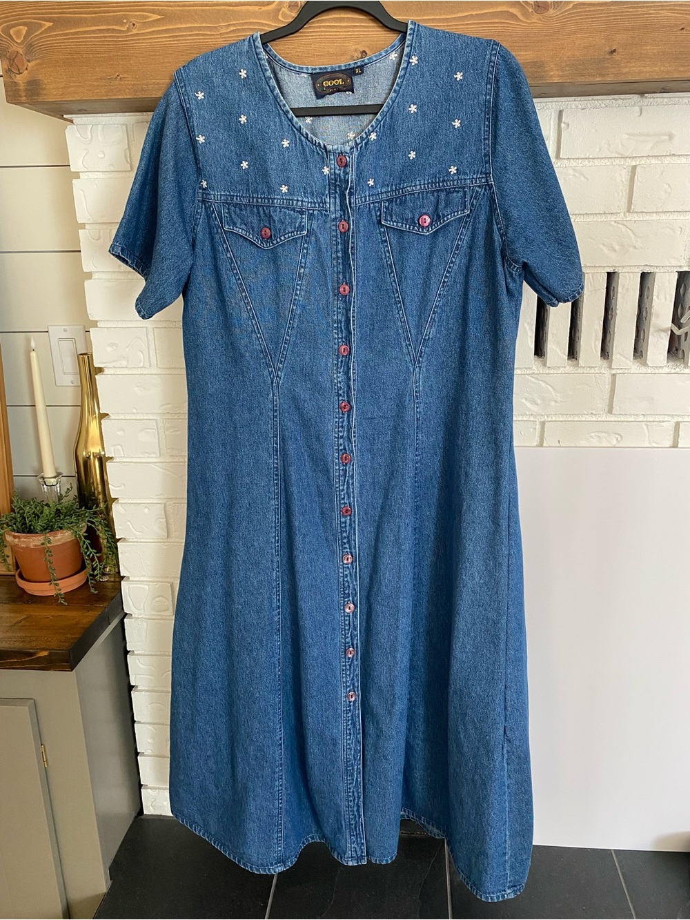 VTG 90s 100% Cotton Cool Plus Denim Button Front Midi Dress Embroidered XL Y2K - Picture 2 of 16